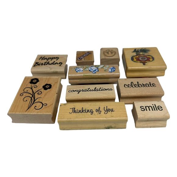 Mixed Lot of 10 Wood Mounted Rubber Stamps Flowers Turnip Sayings Birthday - Picture 2 of 5